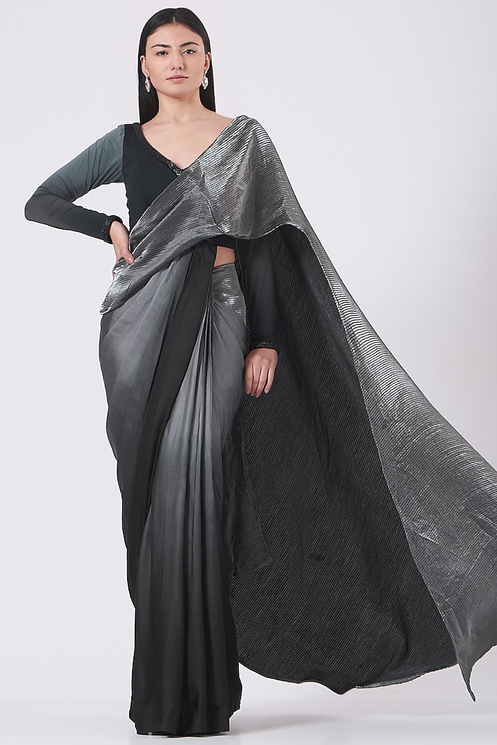 Charcoal Grey Draped Saree Set by Soniya G