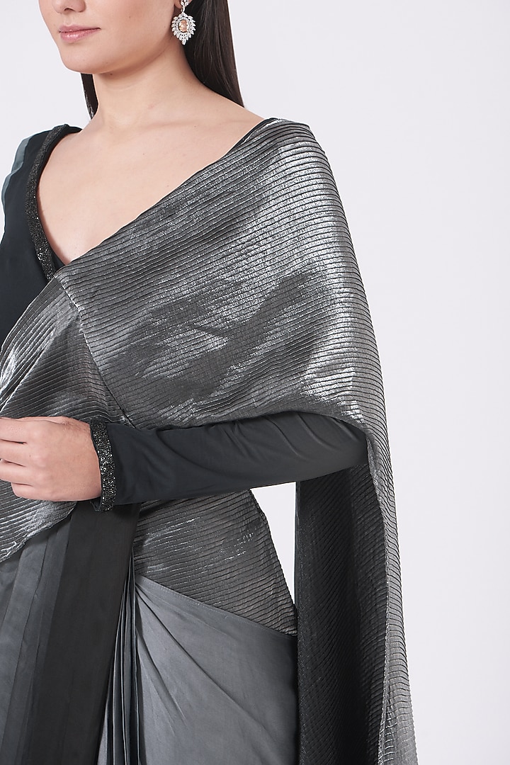 Charcoal Grey Draped Wedding Saree Set by Soniya G at Pernia's Pop Up Shop
