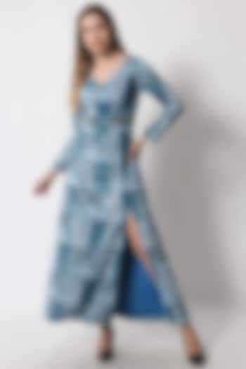 Cerulean Blue Velvet Printed Dress by Soniya G