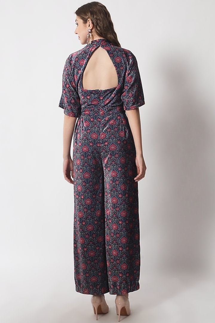 Teal Blue & Rust Velvet Printed Jumpsuit by Soniya G at Pernia's Pop Up Shop