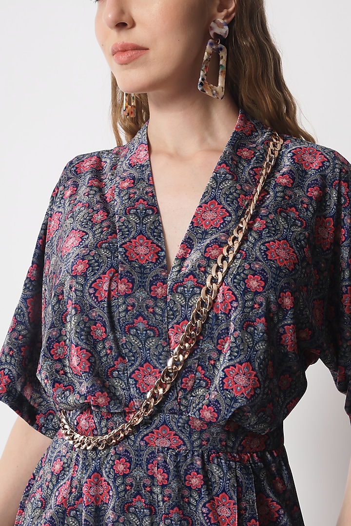 Teal Blue & Rust Velvet Printed Jumpsuit by Soniya G at Pernia's Pop Up Shop