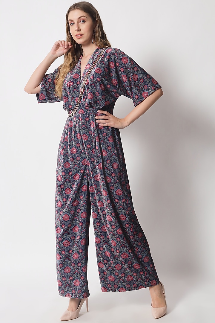 Teal Blue & Rust Velvet Printed Jumpsuit by Soniya G at Pernia's Pop Up Shop
