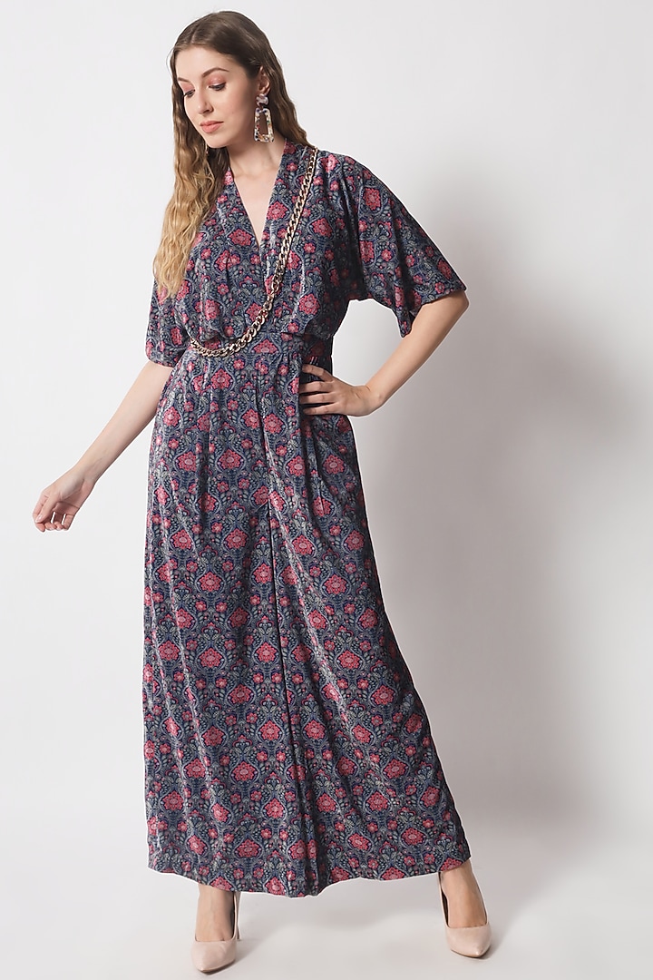 Teal Blue & Rust Velvet Printed Jumpsuit by Soniya G at Pernia's Pop Up Shop