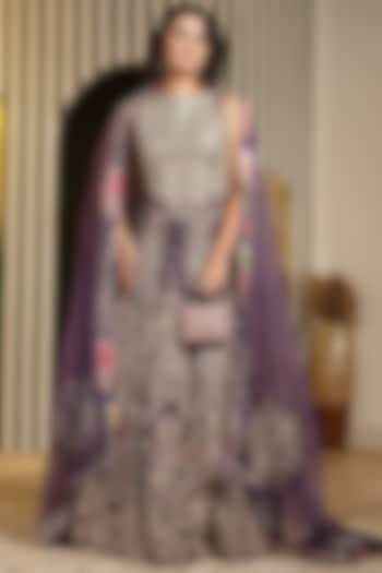 Purple Georgette Foil Printed & Dori Hand Embellished Wedding Lehenga Set by Soniya G at Pernia's Pop Up Shop