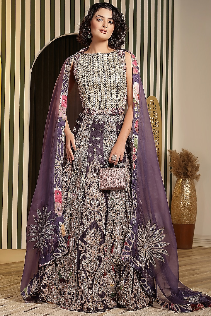 Purple Georgette Foil Printed & Dori Hand Embellished Wedding Lehenga Set by Soniya G at Pernia's Pop Up Shop