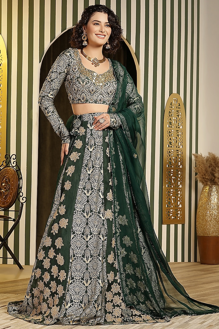 Bottle Green Georgette Foil Printed & Dori Hand Embellished Wedding Lehenga Set by Soniya G at Pernia's Pop Up Shop