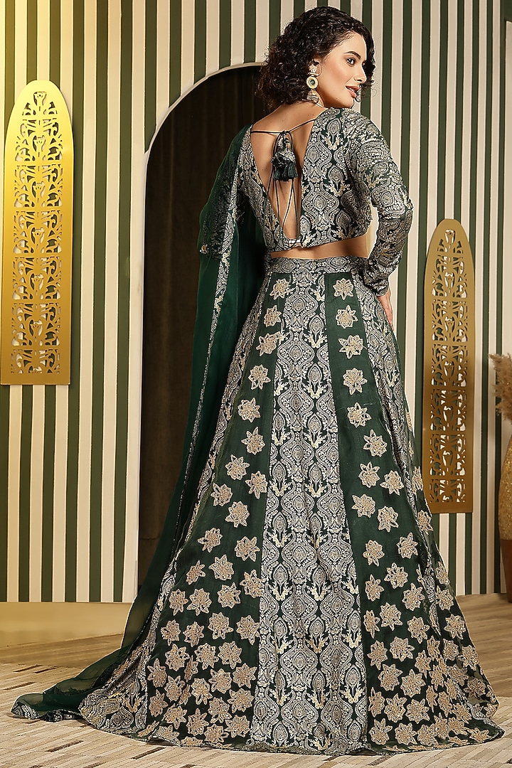 Bottle Green Georgette Foil Printed & Dori Hand Embellished Wedding Lehenga Set by Soniya G at Pernia's Pop Up Shop