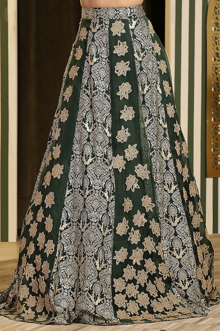 Bottle Green Georgette Foil Printed & Dori Hand Embellished Wedding Lehenga Set by Soniya G at Pernia's Pop Up Shop