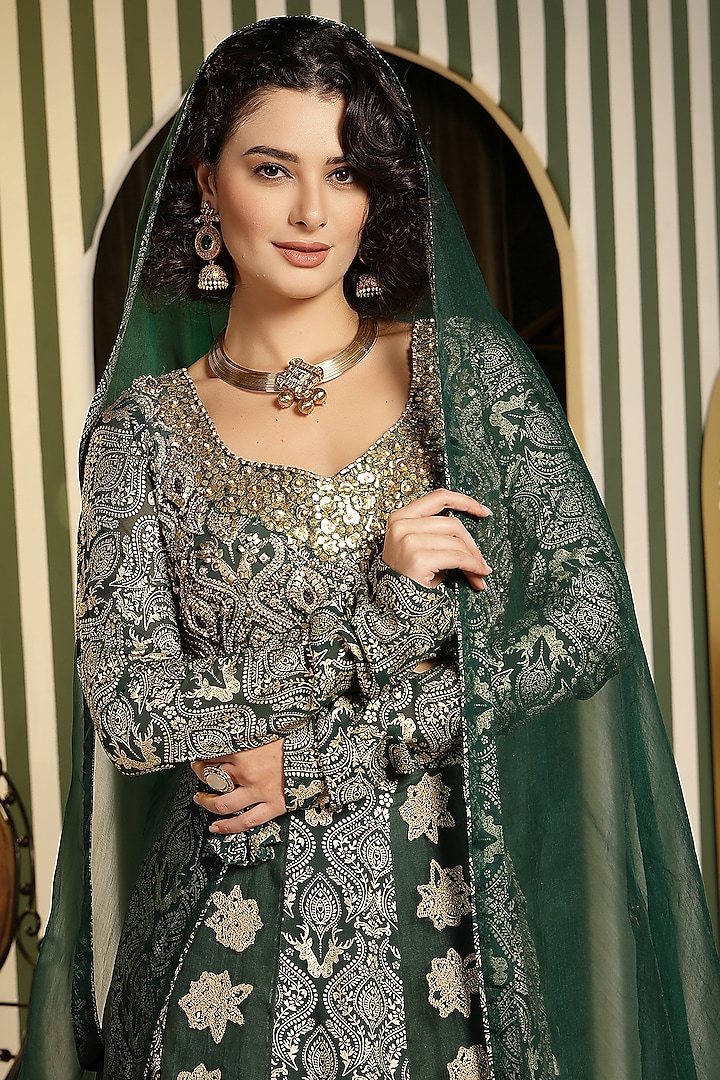 Bottle Green Georgette Foil Printed & Dori Hand Embellished Wedding Lehenga Set by Soniya G at Pernia's Pop Up Shop