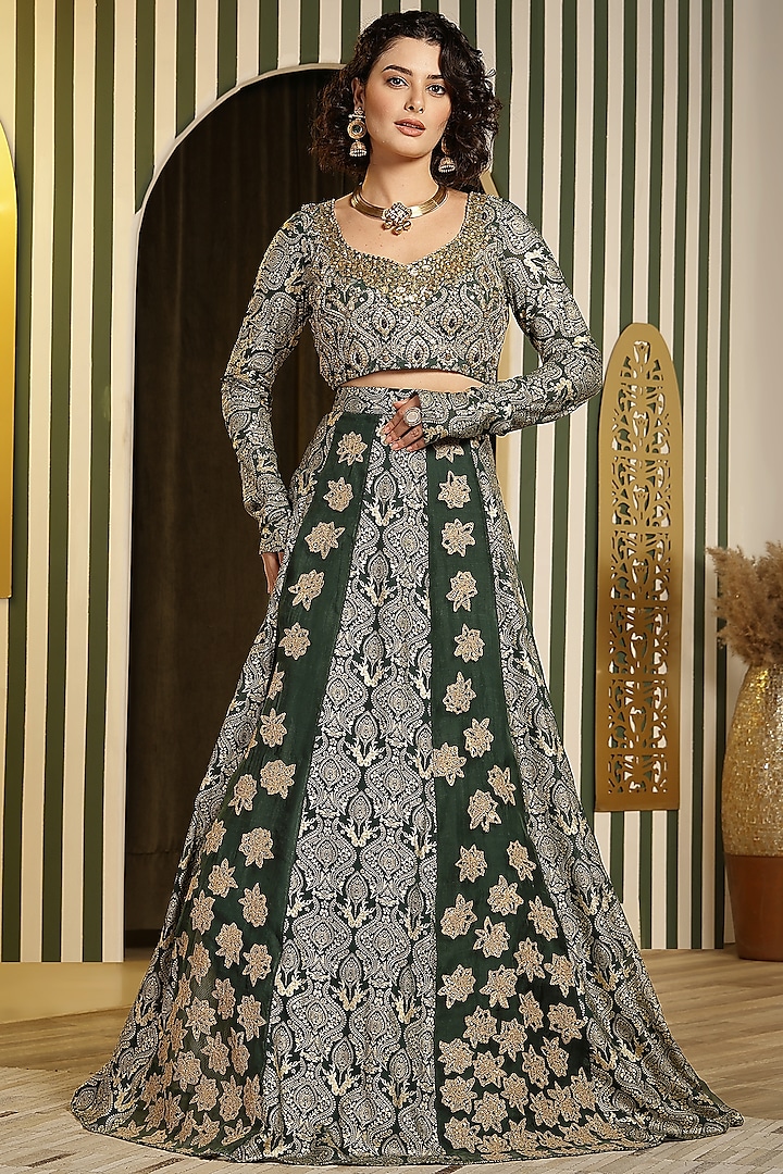 Bottle Green Georgette Foil Printed & Dori Hand Embellished Wedding Lehenga Set by Soniya G at Pernia's Pop Up Shop