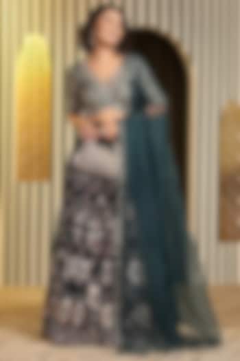 Teal Green Georgette Foil Printed & Hand Embellished Kali Wedding Lehenga Set by Soniya G at Pernia's Pop Up Shop