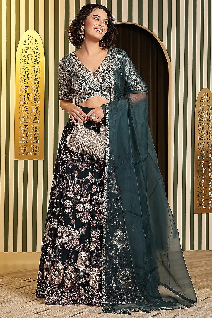 Teal Green Georgette Foil Printed & Hand Embellished Kali Wedding Lehenga Set by Soniya G at Pernia's Pop Up Shop