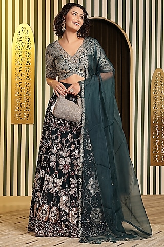 Teal Green Georgette Foil Printed & Hand Embellished Kali Lehenga Set by Soniya G