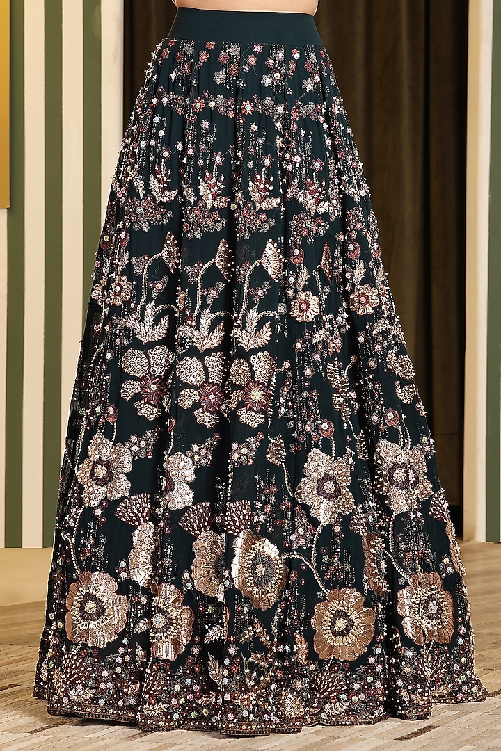 Teal Green Georgette Foil Printed & Hand Embellished Kali Wedding Lehenga Set by Soniya G at Pernia's Pop Up Shop