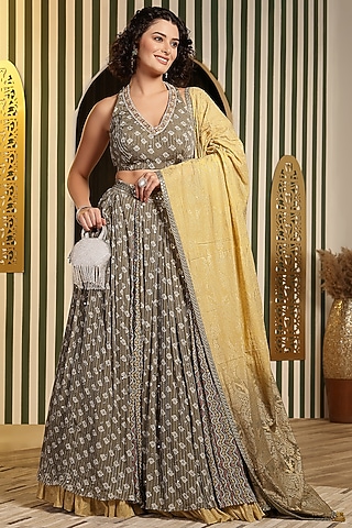Olive Green Georgette Butta Printed & Mirror Hand Embellished Kali Lehenga Set by Soniya G