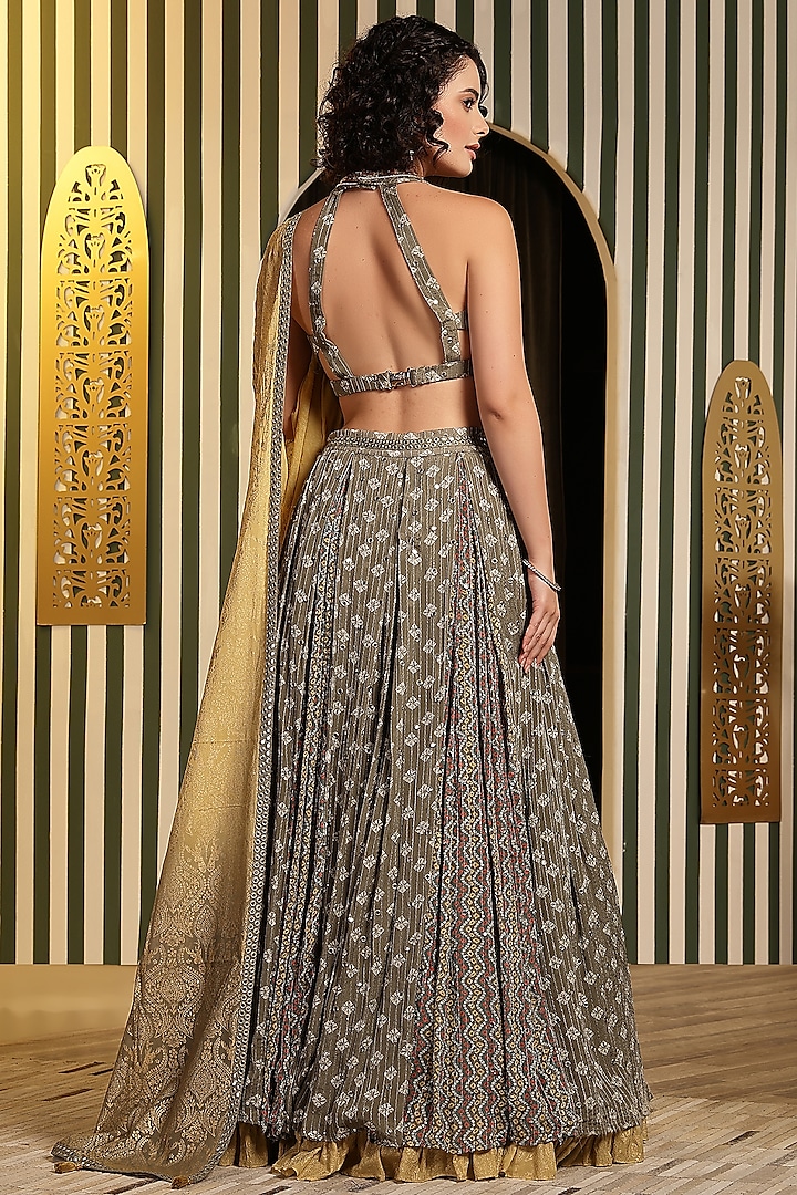 Olive Green Georgette Butta Printed & Mirror Hand Embellished Kali Wedding Lehenga Set by Soniya G at Pernia's Pop Up Shop