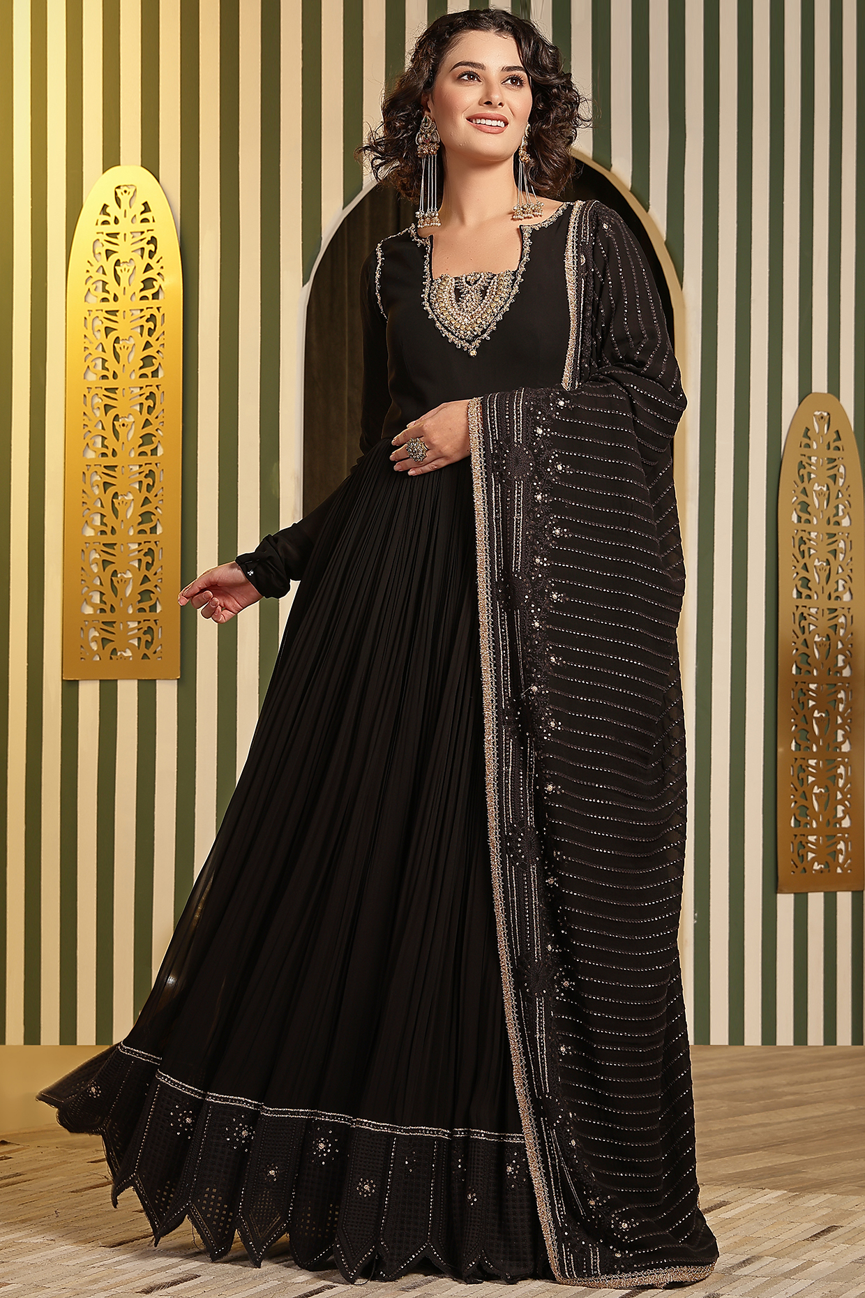 Black Georgette Dori Hand Embellished Chikankari Anarkali With Dupatta by Soniya G at Pernia's Pop Up Shop