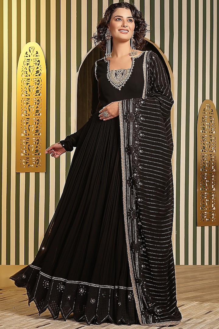 Black Georgette Dori Hand Embellished Chikankari Anarkali With Dupatta by Soniya G at Pernia's Pop Up Shop