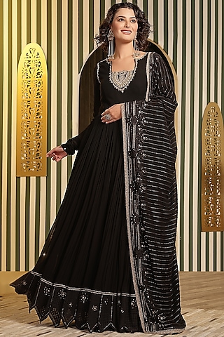 Black Georgette Dori Hand Embellished Chikankari Anarkali With Dupatta by Soniya G
