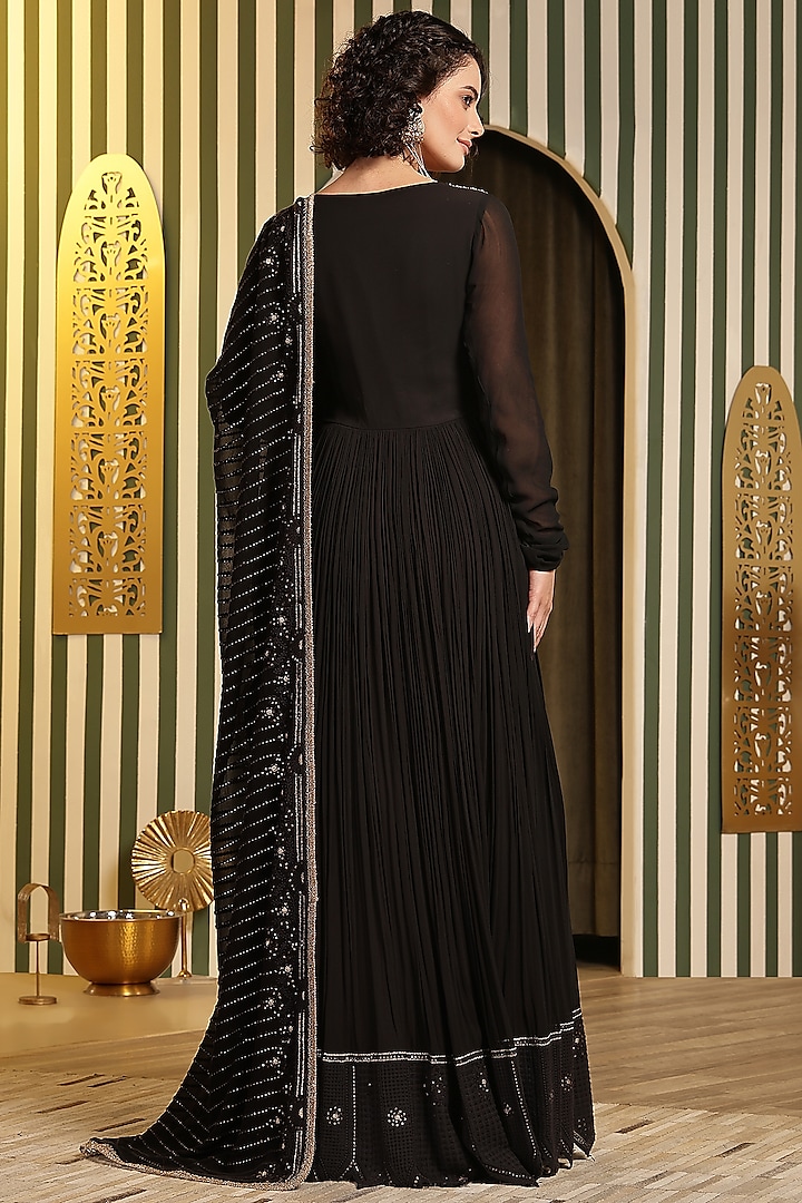 Black Georgette Dori Hand Embellished Chikankari Wedding Anarkali With Dupatta by Soniya G at Pernia's Pop Up Shop