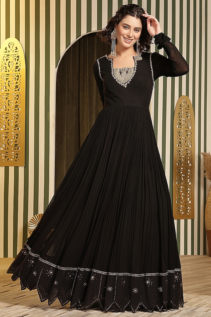 Black Georgette Dori Hand Embellished Chikankari Wedding Anarkali With Dupatta by Soniya G at Pernia's Pop Up Shop