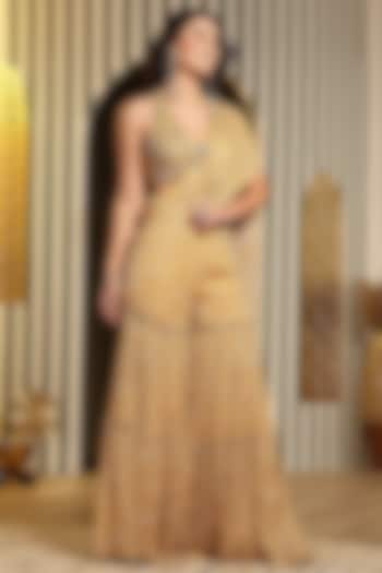 Mustard Yellow Georgette Mirror Embellished Layered Gharara Wedding Saree Set by Soniya G at Pernia's Pop Up Shop