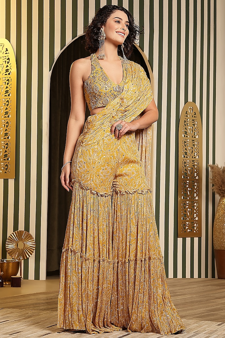 Mustard Yellow Georgette Mirror Embellished Layered Gharara Wedding Saree Set by Soniya G at Pernia's Pop Up Shop