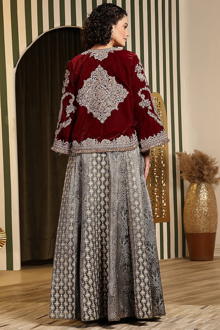 Grey Silk Foiled Embellished Pleated Skirt Set by Soniya G at Pernia's Pop Up Shop