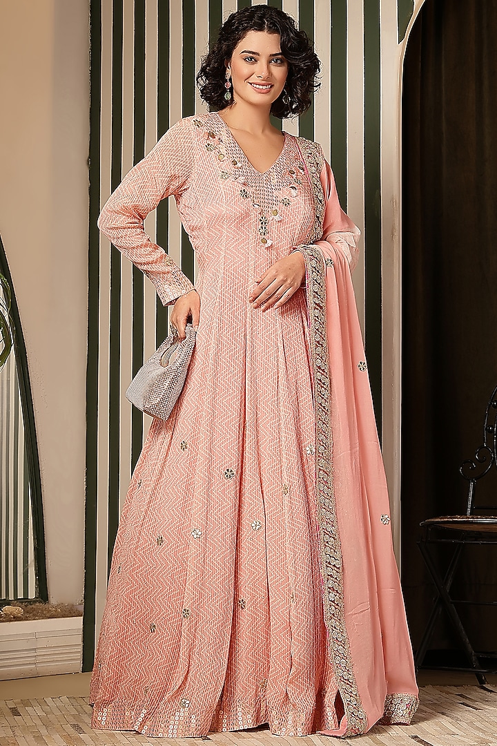 Pink Georgette Metal Resham Embellished Bandhej Anarkali With Dupatta by Soniya G at Pernia's Pop Up Shop