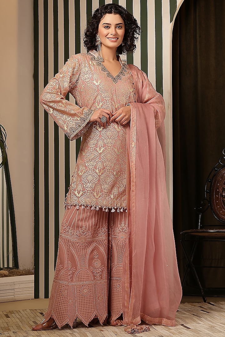 Taupe Pink Chikankari Zardosi Work Scalped Sharara Set by Soniya G at Pernia's Pop Up Shop