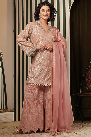 Taupe Pink Chikankari Zardosi Work Scalped Sharara Set by Soniya G