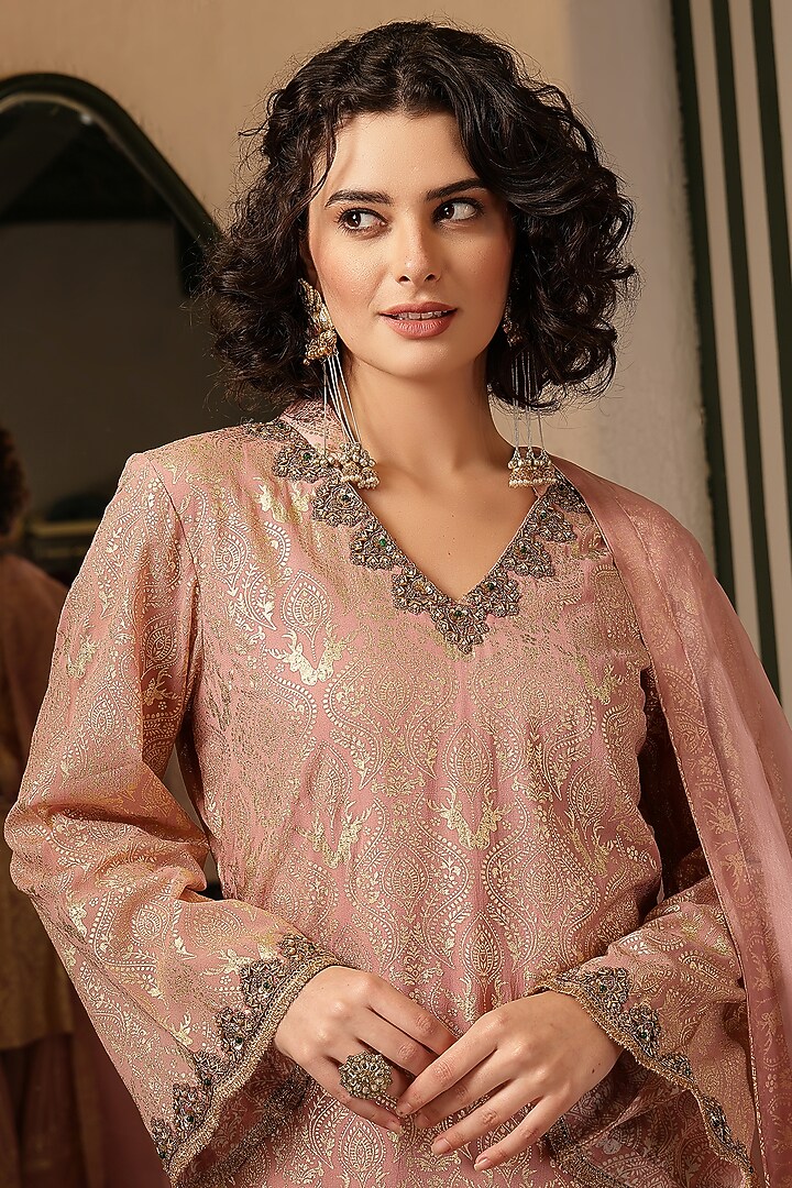Taupe Pink Chikankari Zardosi Work Scalped Party Wear Sharara Set by Soniya G at Pernia's Pop Up Shop