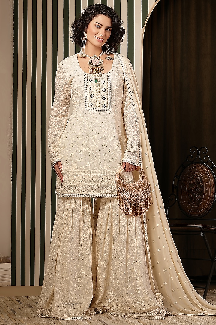 Ivory Chikankari Hand Embellished Sharara Set by Soniya G at Pernia's Pop Up Shop