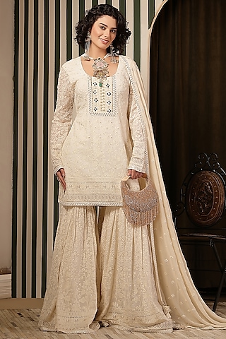Ivory Chikankari Hand Embellished Sharara Set by Soniya G