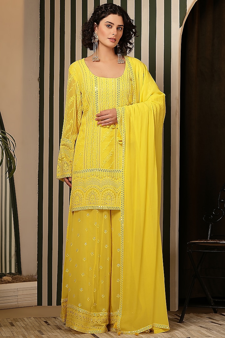 Yellow Chikankari Mirror Embellished Gharara Set by Soniya G at Pernia's Pop Up Shop