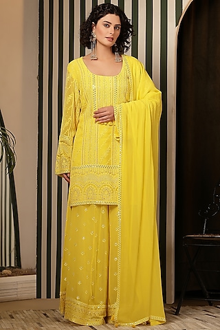 Yellow Chikankari Mirror Embellished Gharara Set by Soniya G