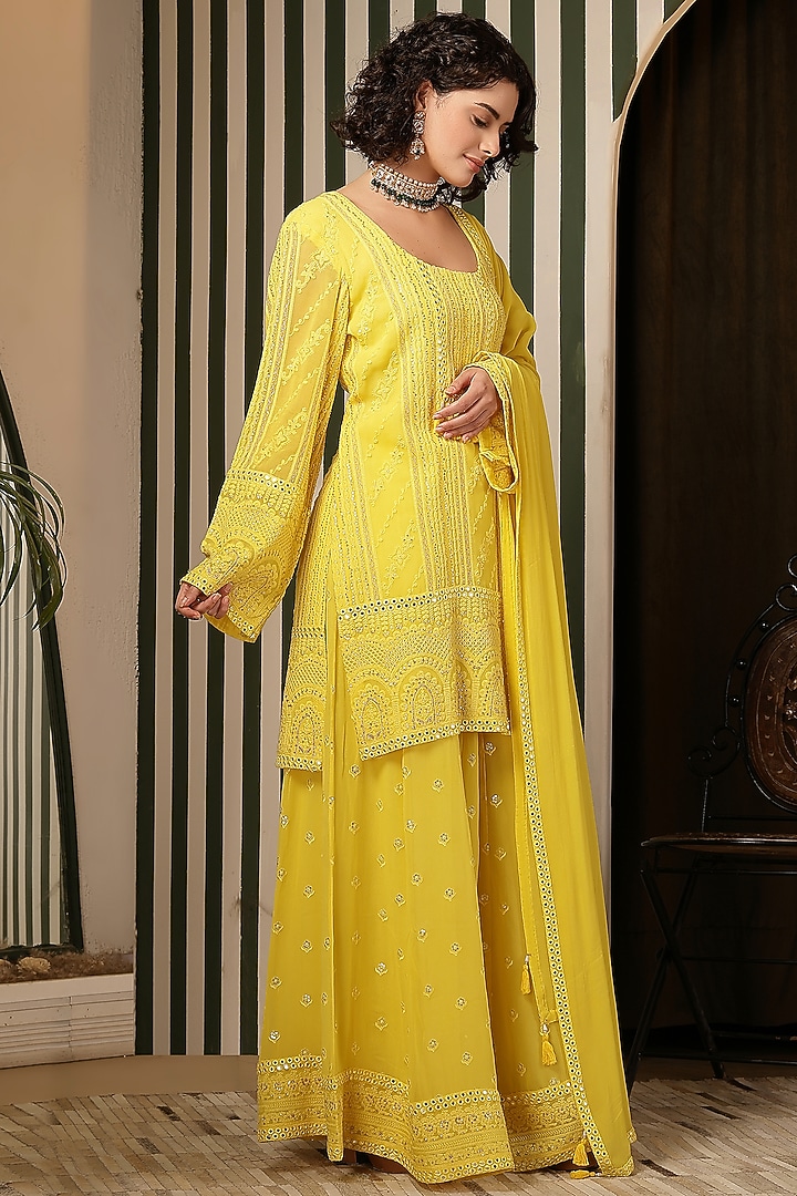 Yellow Chikankari Mirror Embellished Gharara Set by Soniya G at Pernia's Pop Up Shop