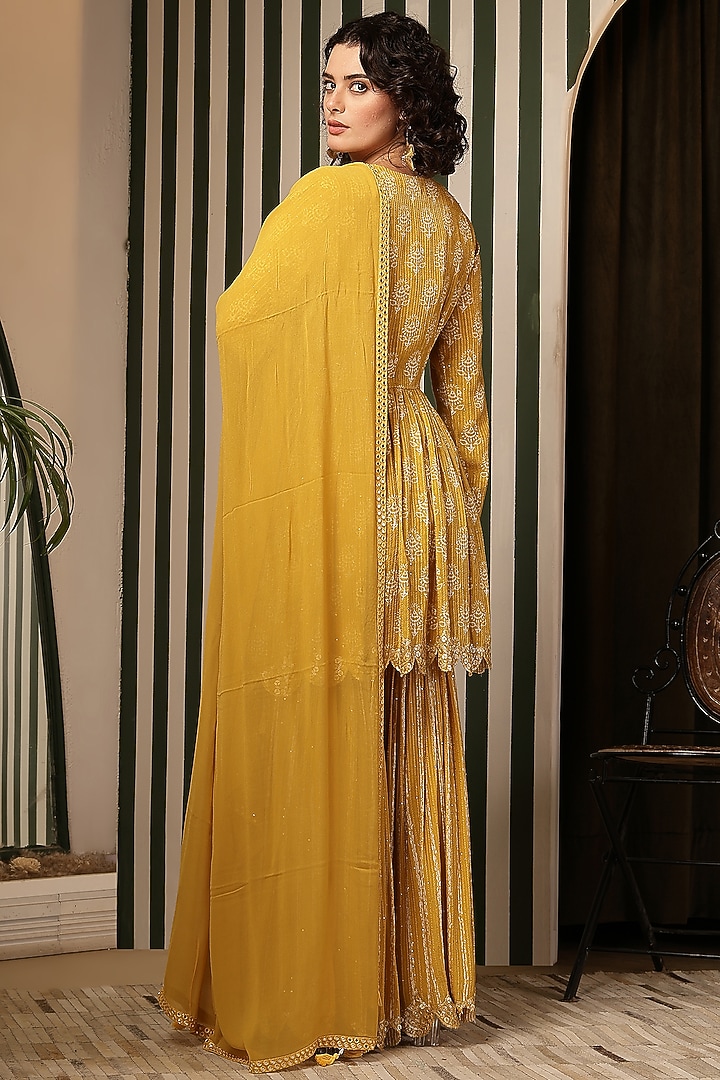 Yellow Blend Silk Georgette Bandhani Printed & Resham Embellished Gharara Set by Soniya G at Pernia's Pop Up Shop