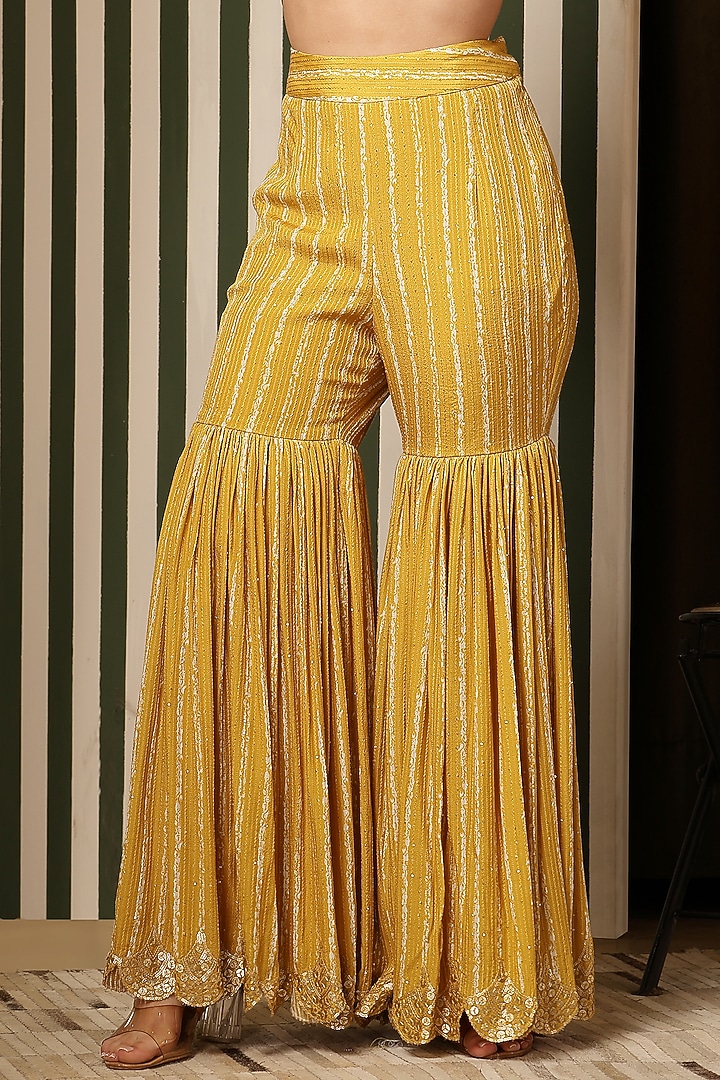 Yellow Blend Silk Georgette Bandhani Printed & Resham Embellished Gharara Set by Soniya G at Pernia's Pop Up Shop