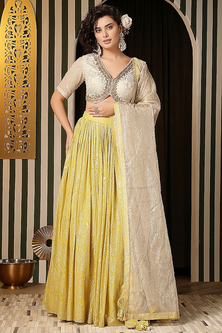 Ivory & Yellow Georgette Foil Kali Wedding Lehenga Set by Soniya G at Pernia's Pop Up Shop