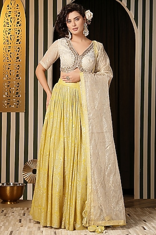 Ivory & Yellow Georgette Foil Kali Lehenga Set by Soniya G