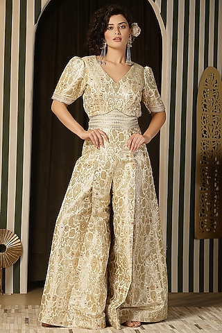 Ivory Pure Kimkhab Hand Work Jumpsuit by Soniya G
