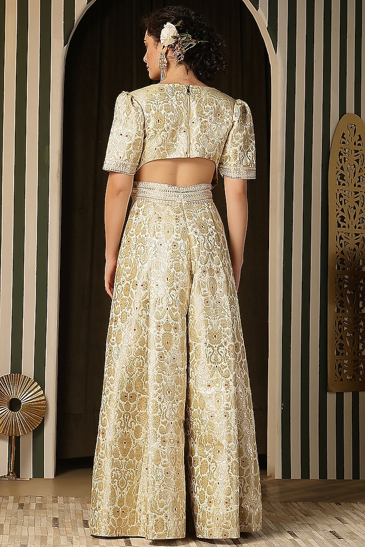 Ivory Pure Kimkhab Hand Work Jumpsuit by Soniya G at Pernia's Pop Up Shop