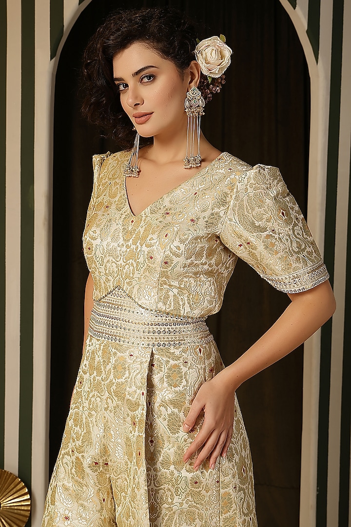 Ivory Pure Kimkhab Hand Work Jumpsuit by Soniya G at Pernia's Pop Up Shop