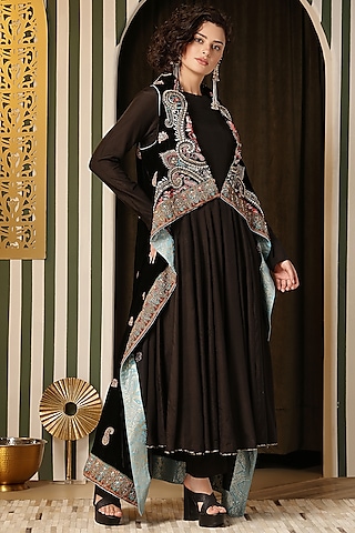 Black Blended Silk Anarkali Set by Soniya G