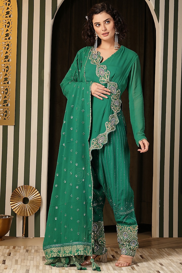 Tree Green Georgette Resham Work Angrakha Kurta Set by Soniya G at Pernia's Pop Up Shop