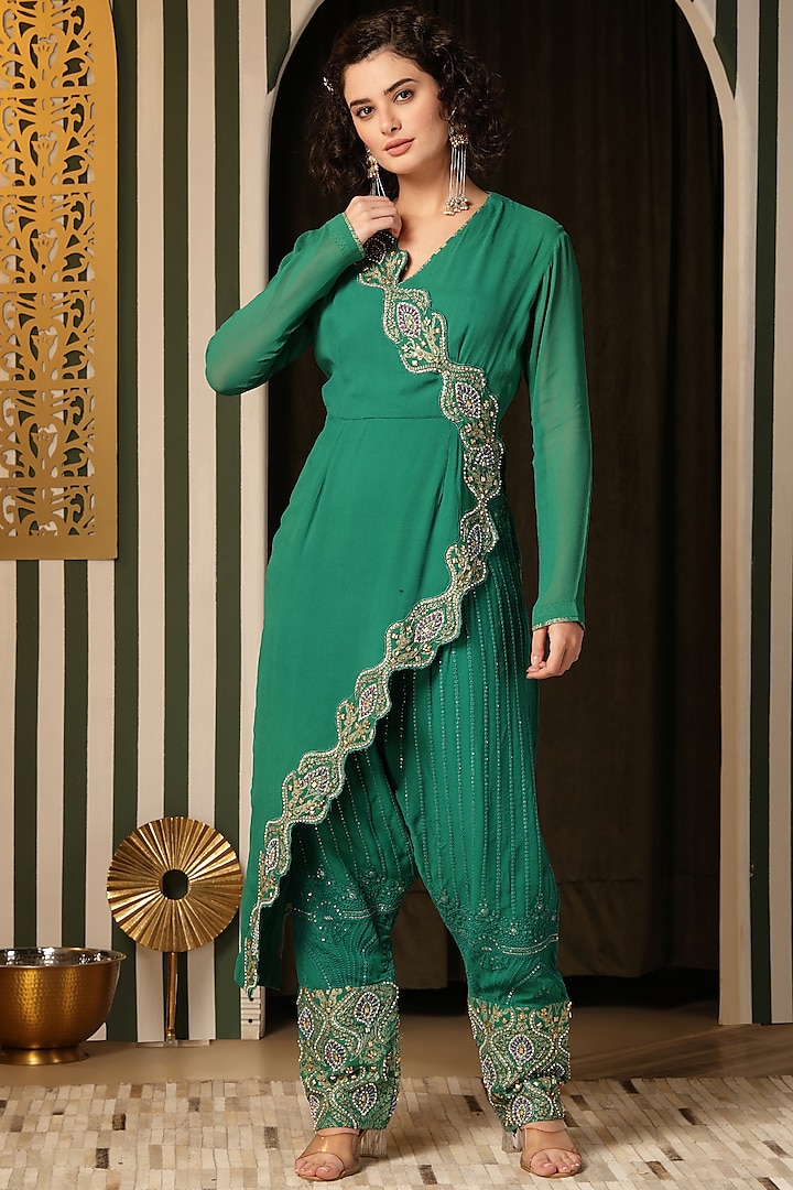 Tree Green Georgette Resham Work Angrakha Kurta Set by Soniya G at Pernia's Pop Up Shop