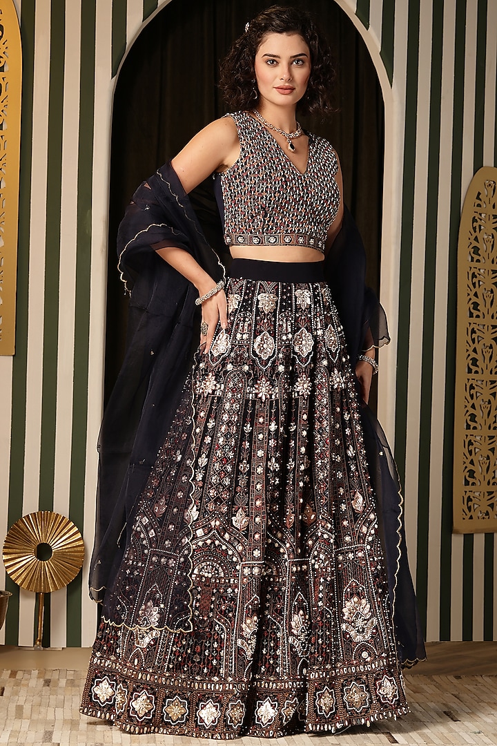 Navy Blue Georgette Foil Work Wedding Lehenga Set by Soniya G at Pernia's Pop Up Shop