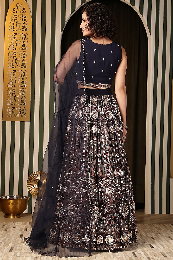 Navy Blue Georgette Foil Work Wedding Lehenga Set by Soniya G at Pernia's Pop Up Shop