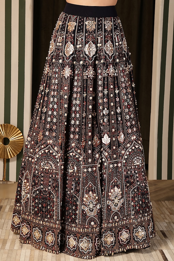 Navy Blue Georgette Foil Work Wedding Lehenga Set by Soniya G at Pernia's Pop Up Shop